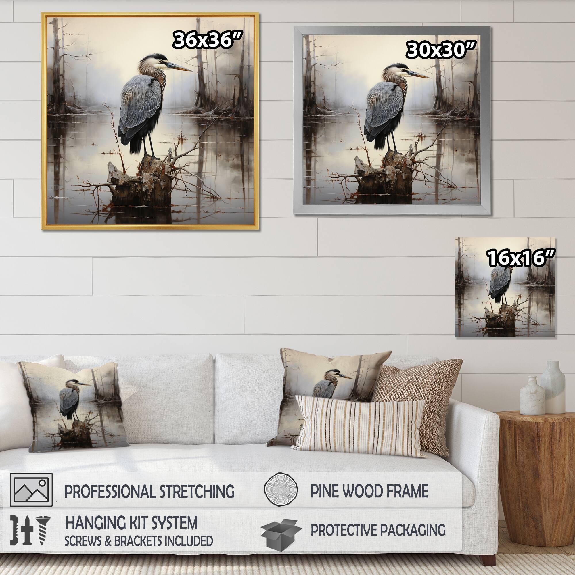 Designart "Heron Solitary Reflections Pointillism I" Animals Framed